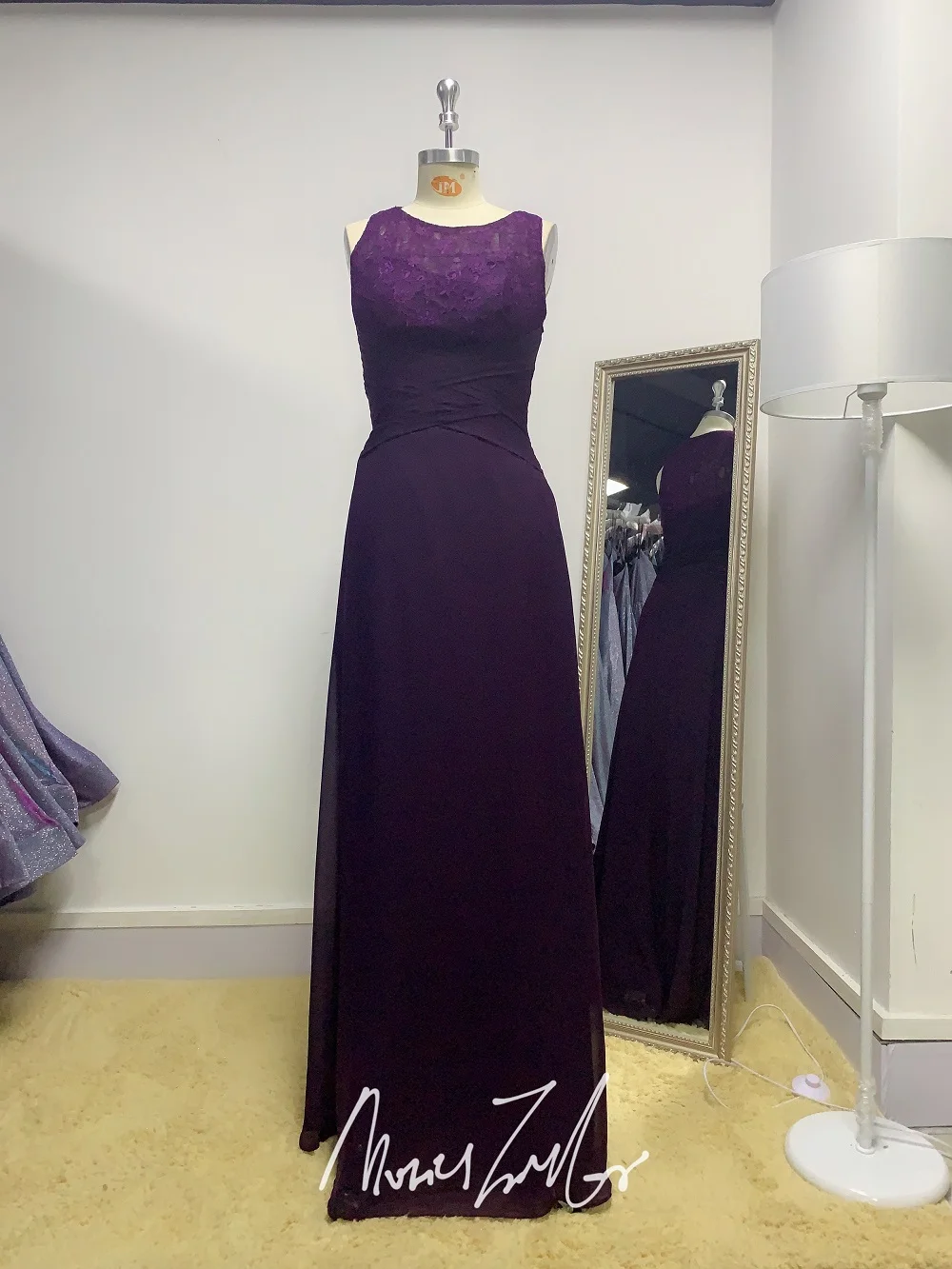 

Plum purple chiffon lace long bridesmaid dress 2020 small collar different nice luckgirls mocini tailor-Broken code on sale