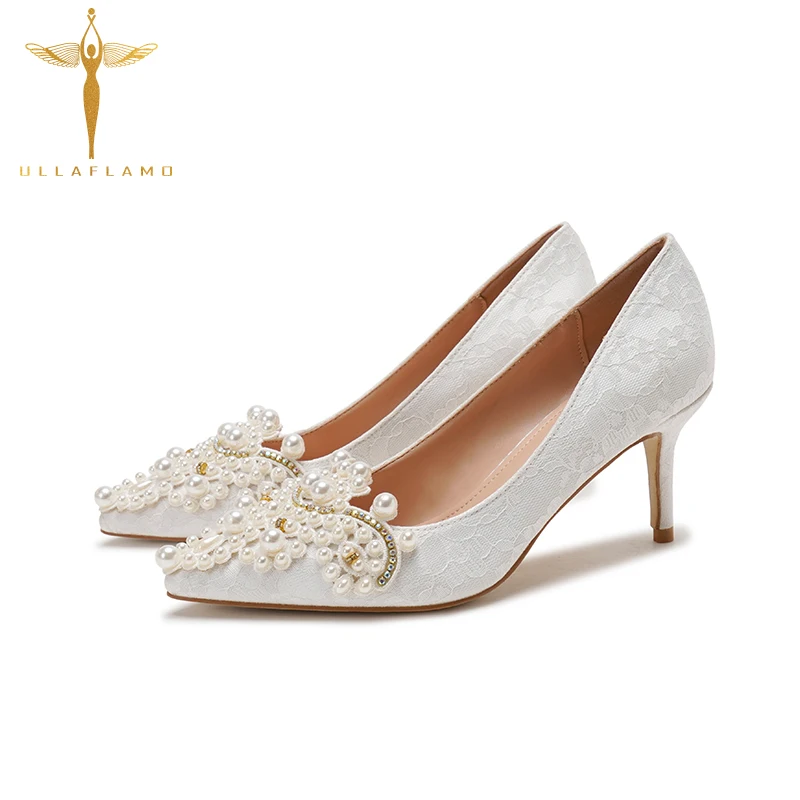 

White Lace Pumps Stilettos Wedding Dress Beaded Bride High Heels Elegant Shallow Mouth Bridesmaid High Heels Women's Stilettos