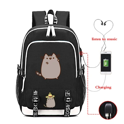 Забавный Pusheen напечатанный usb зарядный наушник отверстие рюкзак для учеников, мальчиков и девочек Плечи сумка путешествия повседневные Рюкзаки