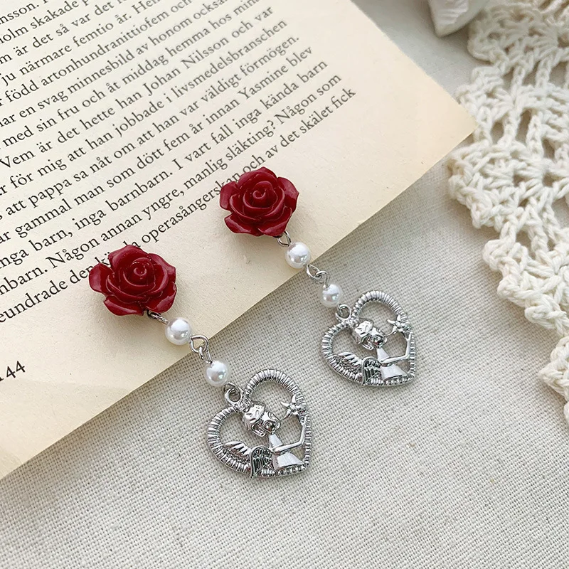 

Vintage Female Personality Metal Texture Love God Cupid Earrings Beautiful Rose Flower Ear Clip Women Girl Fashion Jewelry