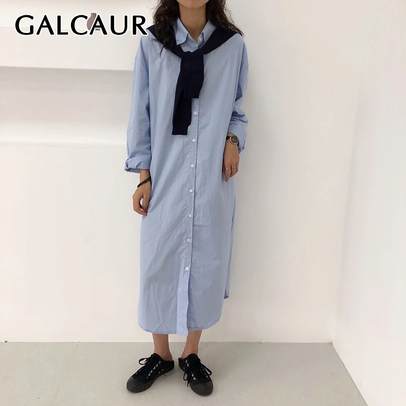 

GALCAUR Hit Color Patchwork Dresses Female Lapel Collar Long Sleeve Autumn Straight Side Split Dress For Women Fashion 2019 Tide