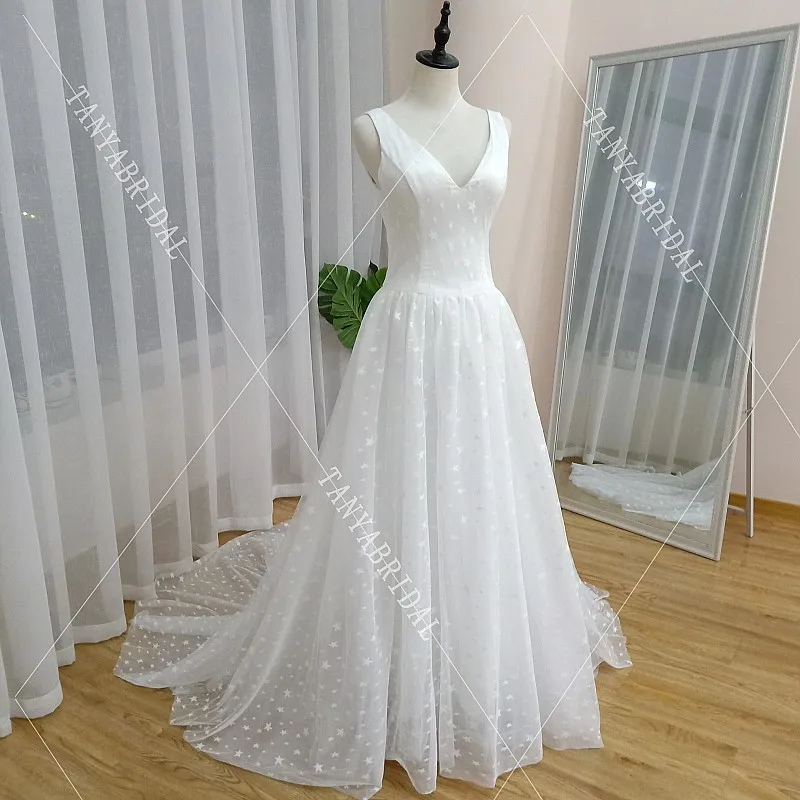Бохо свадебное платье кружева звезды Тюль А-силуэт сексуальное с открытой спиной на шнуровке пляжное платье невесты свадебное платье DQG741