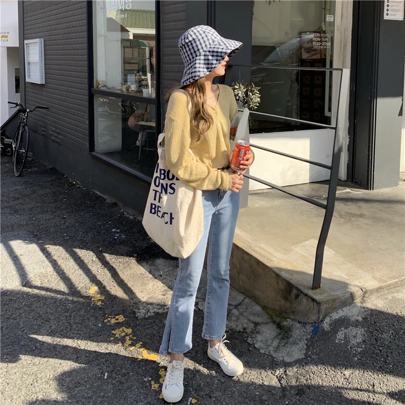 Ins Harajuku/Винтажные Стильные Простые расклешенные брюки с разрезом для девочек; Новинка осени; корейская мода; свободные однотонные повседневные женские джинсы с высокой талией