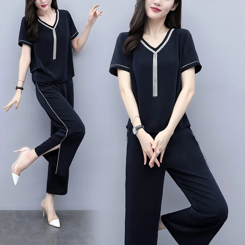 

Royal Sister WOMEN'S Suit Fashionable Western Style Slit Slimming Two-Piece Set Loose Pants Elegant 2019 Summer New Style WOMEN'