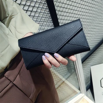 

Women Envelope Wallet Multifunctional Super Thin Purse Litchi Pattern Hasp Long Style Three Folding Closure Bank Card Money Bag