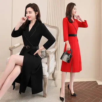 

Slim Korean Spring Dress Women 2020 New Elegant Notched Long Sleeve Office Female Dresses With Belt Fashion OL Vestidos