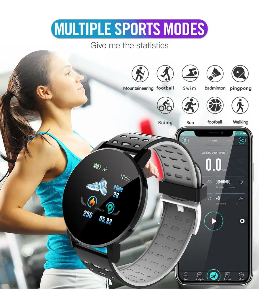 119Plus Touch Screen Smart Watch Waterproof Sport Fitness Tracker Men Women Blood Pressure Heart Rate Monitor For Android IOS