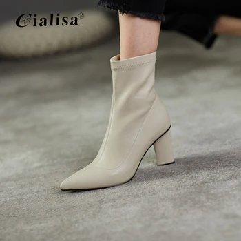 

CIALISA Ankle Boot Women 2020 New Winter Pointed Toe Chunky Heel Shoes White Stretch Fabric Sexy Slip On High Heel Boots