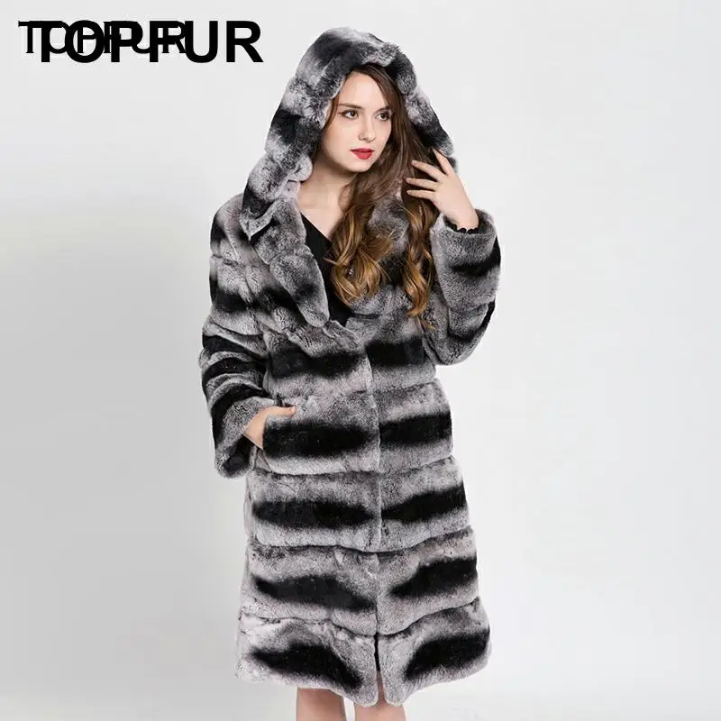 TOPFUR Новое поступление высокое качество натуральная Шуба из кролика Рекс для женщин с меховым капюшоном натуральный настоящий мех кролика пальто 1751