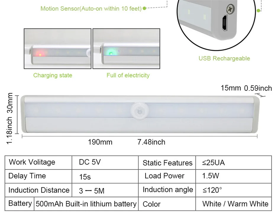 luzes de led com sensor de lâmpada noturna para com carregamento recarregável ou com para armários