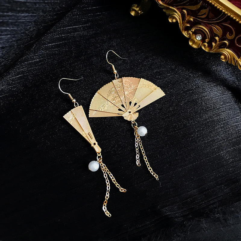 Vintage Style Folding Metal Fan Modelling Korean Long Tassels Dangle Earrings Women Drop Earrings