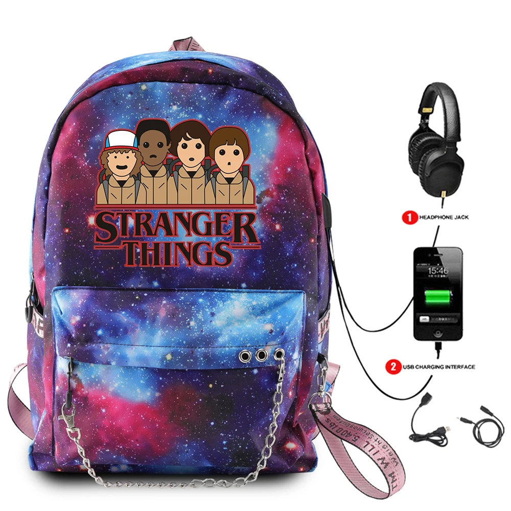 

Personality Stranger Things USB Backpack boy girl School Book Bags Fans Travel Bags Laptop Chain Backpack Headphone USB Port