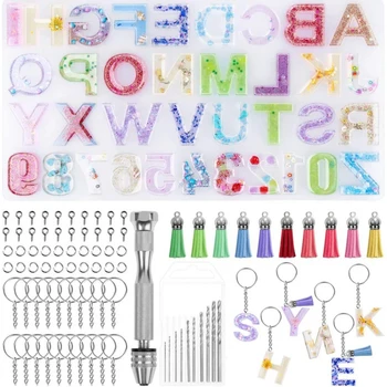 

Epoxy Backward DIY Casting Letter Pendant Starter Craft Keychain Jewelry Making Alphabet Number Screw Eye Pins Resin Mold Kit