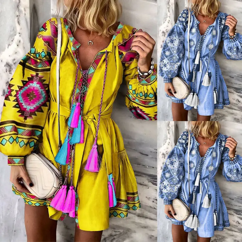 

Hot sale print Women Boho Floral Retro Tunic Long Sleeved Short Dress Ladies V-Neck Holiday Party Casual Maxi Dress