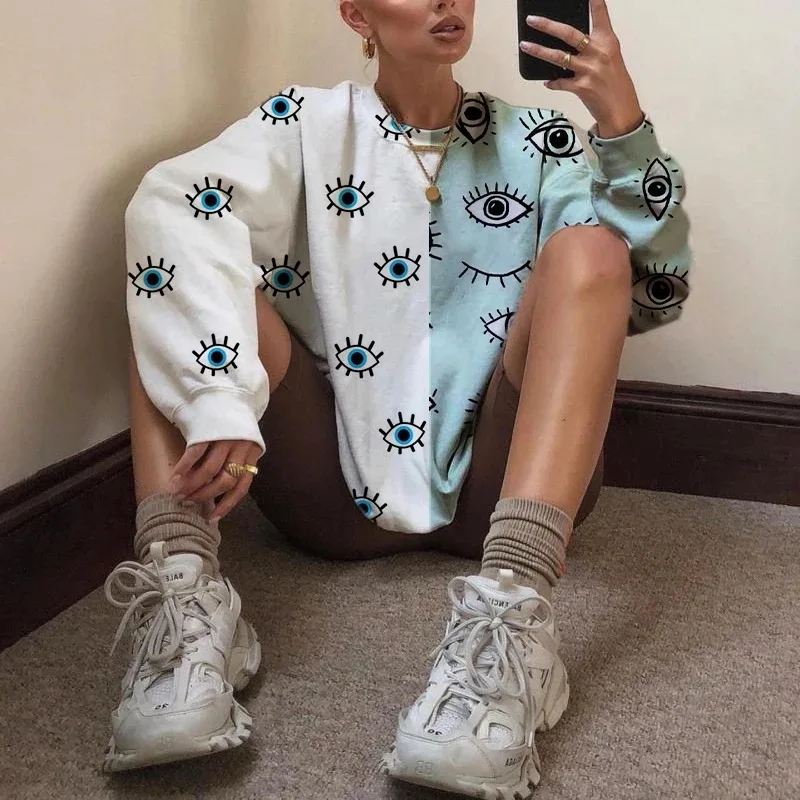 FREE SHIPPING White Blue Eye Print Stitching Pullovers Oversized Sweatshirt JKP4299