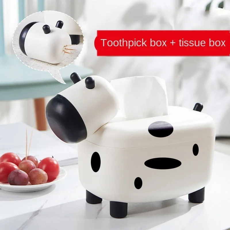

2 In 1 Tissue Box Holder Cow Shape Dispenser Toothpick Holder Wipe Case Container Holder Box Desktop Decoration Boxes Home Decor