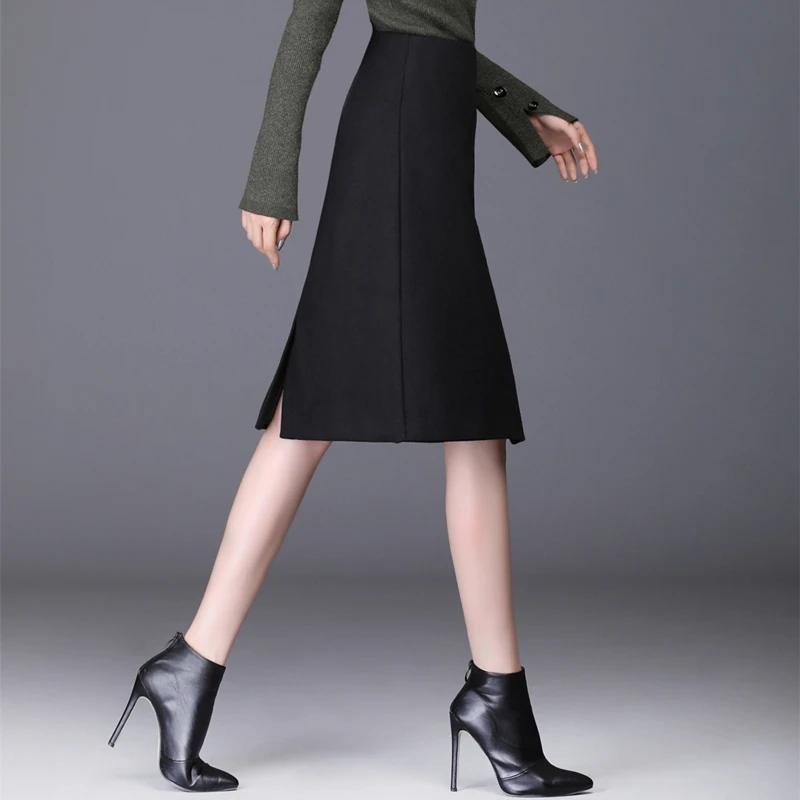 Осенне-зимняя шерстяная Женская юбка в стиле ретро, винтажная однобортная юбка с высокой талией, Женская облегающая офисная юбка, коричневые, черные, серые