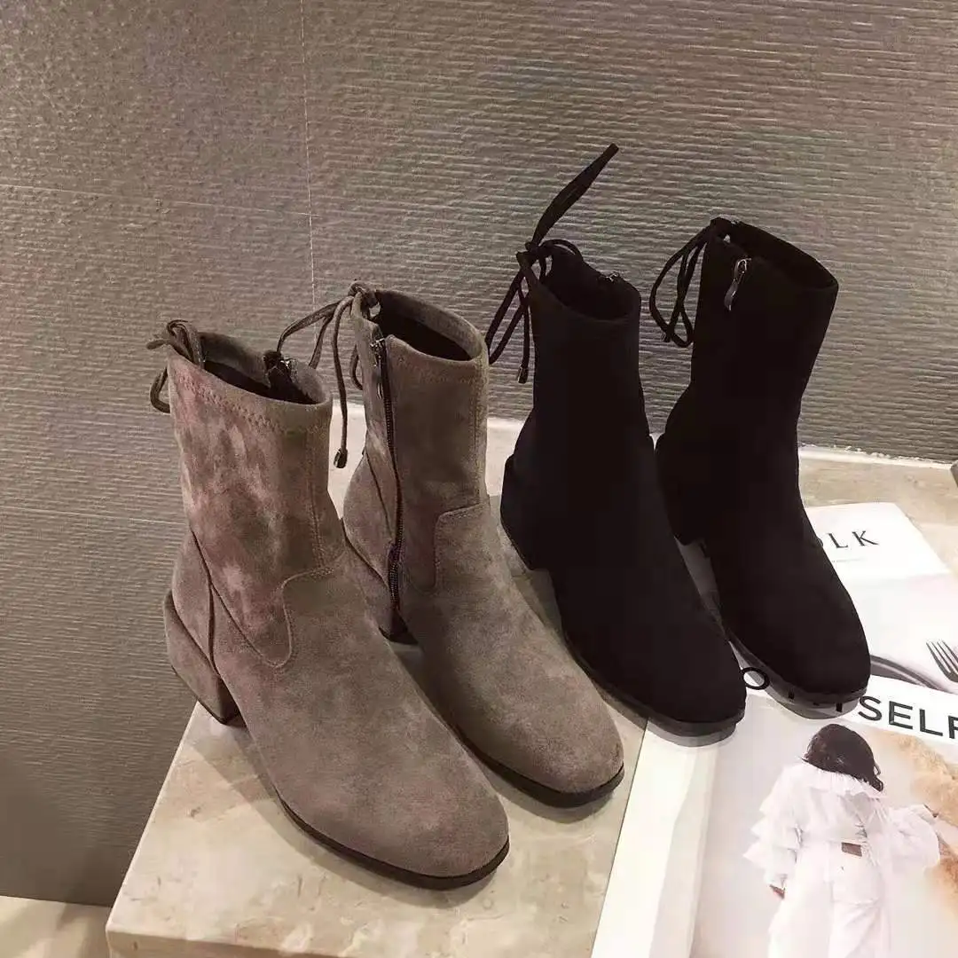 LZJ Women Autumn Winter Flock Mid-calf Boots Side zipper Round Toe Square Heel Solid Casual Black/Khaki women Booties