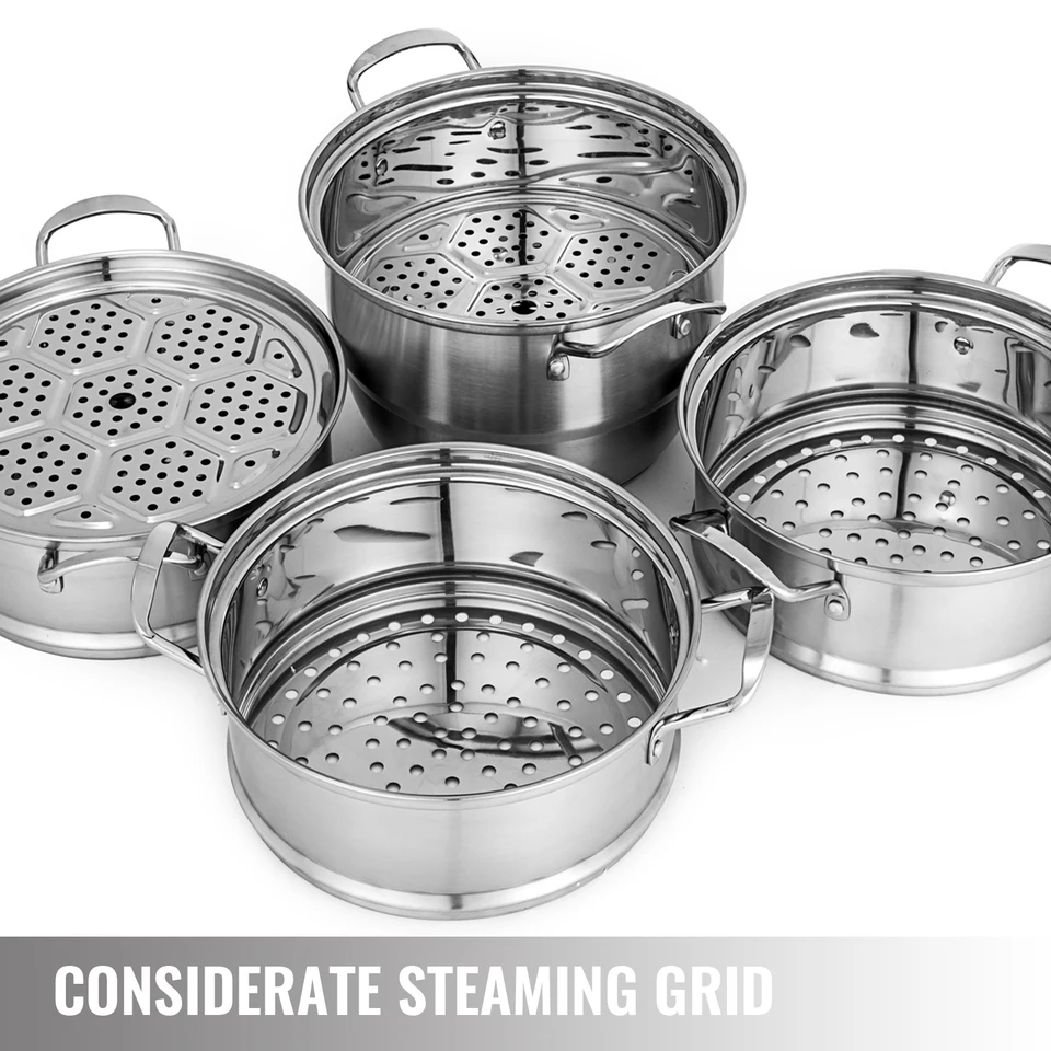 3-Tier Stainless Steel Steamer Pot Set - Includes 2 Pots, Steaming Septa, Lid, Works On All Stovetops