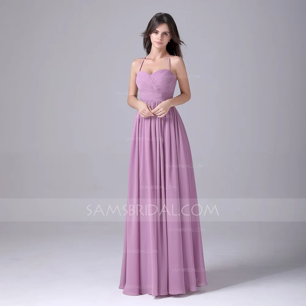 A-Line возлюбленной декольте длиной до пола шифоновое платье с рюшами платья