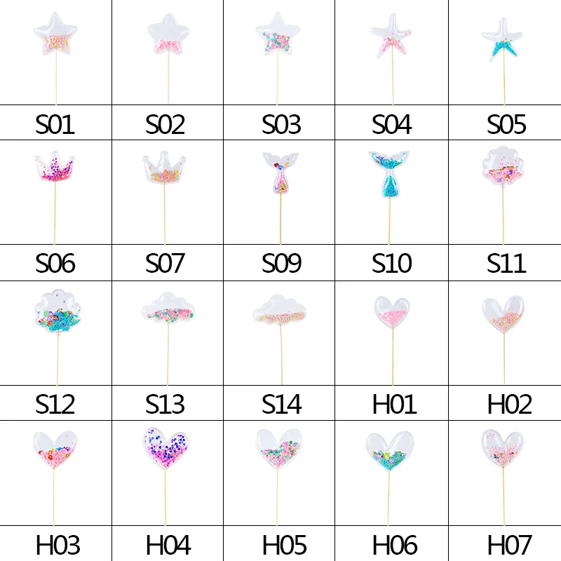 Transparent Confetti Love Heart Star Crown Mermaid Tail Cloud Shape Cup Cake Topper Valentine Children's Day Party Decorations