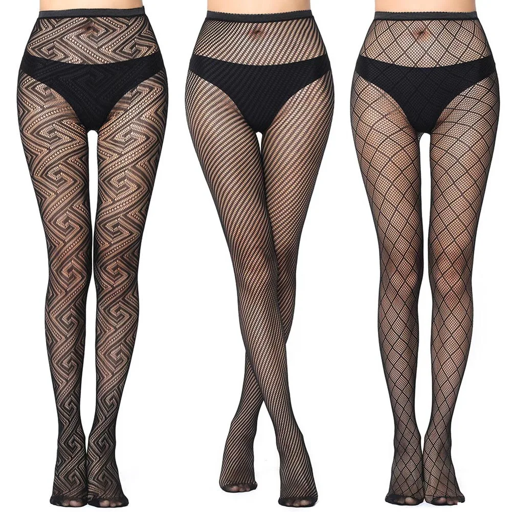 Set C-Geometry 3 пары, женские черные ажурные колготки с рисунком, сексуальная Прозрачная Кружевная Цветочная сетка, чулки, эластичные колготки с завышенной талией, готические винтажные - Цвет: Set C-Geometry
