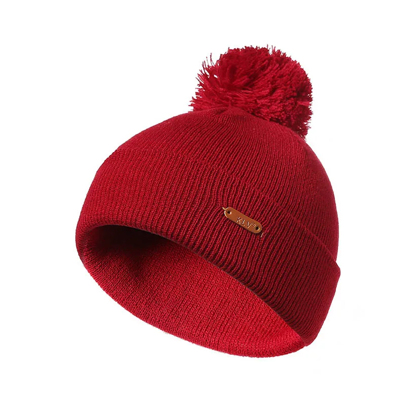 Зимние вязаные женские шапки бини, однотонные кепки с помпонами, мужская шапка, теплая плотная вязаная шапочка унисекс, Осенние повседневные бини - Цвет: Wine Red