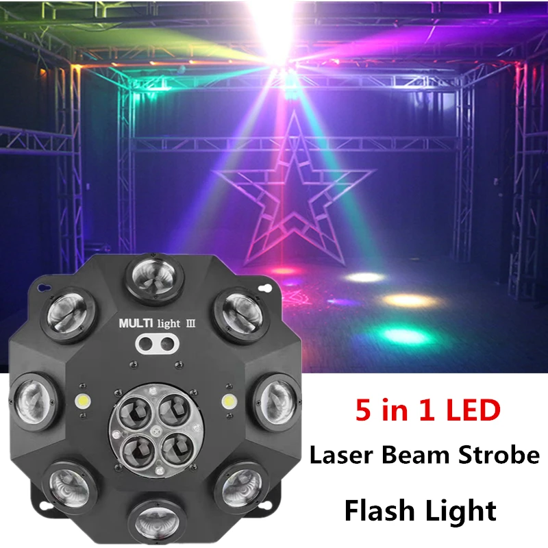 RGB LED Stage Light 5 In 1 LED Projector Stage Effect Laser Beam Strobe Flash Light DMX Bee Eyes for DJ Disco Party Music Lamp
