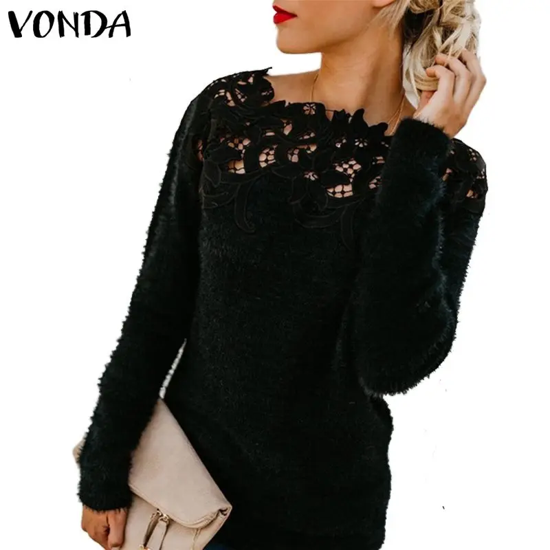 VONDA, мода, новинка, весна-осень, женский свитер, вязаный, длинный рукав, круглый ворот, сексуальный, тонкий, для офиса, для девушек, Повседневный, свитера, топы, 5XL
