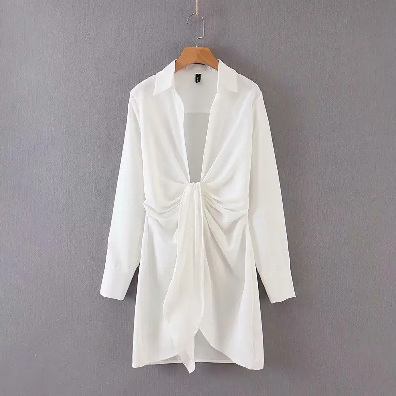 Special interest design mini dress summer long sleeves women irregularity pleated vocation style sexy loose white shirtdress