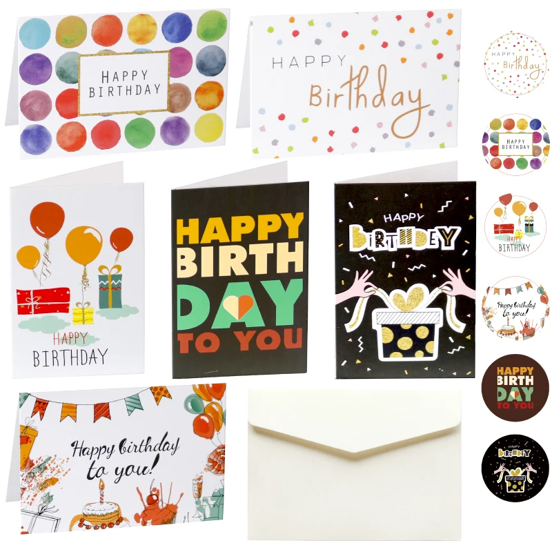 

6 Sets of Happy Birthday Cards with Envelopes and Stickers Folding Cards Blank Inside Greeting Cards