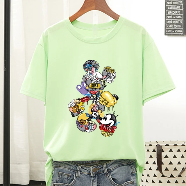 Disney Colorful Mickey Mouse T Shirt Women 2021 Summer Tshirt Graphic Tee Cool Women T-shirt Female Tee Shirt 90s Aesthetic Tops Fluorescent green