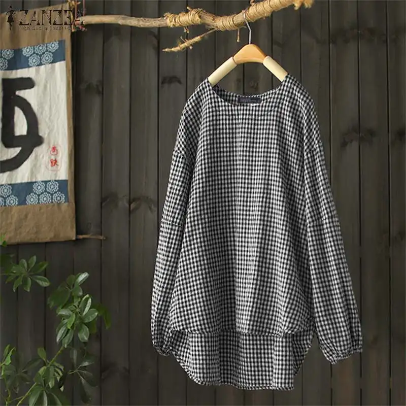 

ZANZEA Vintage Plaid Check Shirts Women Blouse 2020 Spring Lady Casual Long Sleeve Cotton Linen Tunic Tops Irregular Hem Blusas