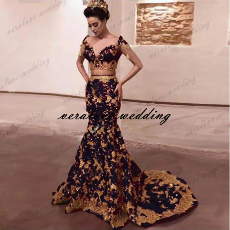 Two Pieces Sexy Mermaid Evening Dresses Dubai Saudi Arabic Black Gold Lace Robe De Soiree Prom Party Gowns Occasion Party Dress yellow formal dresses