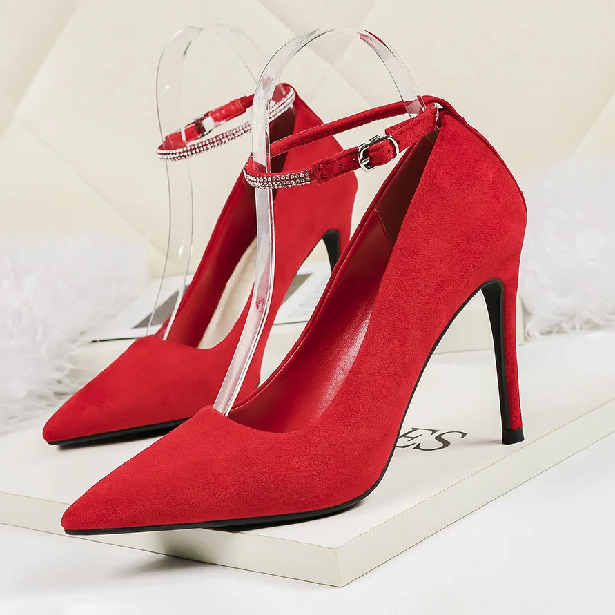 

6186-2 Korean-style Fashion Pointed Low-Cut High Heel Shoes Man-made Diamond A- line with WOMEN'S Shoes Thin Heeled Suede Banque