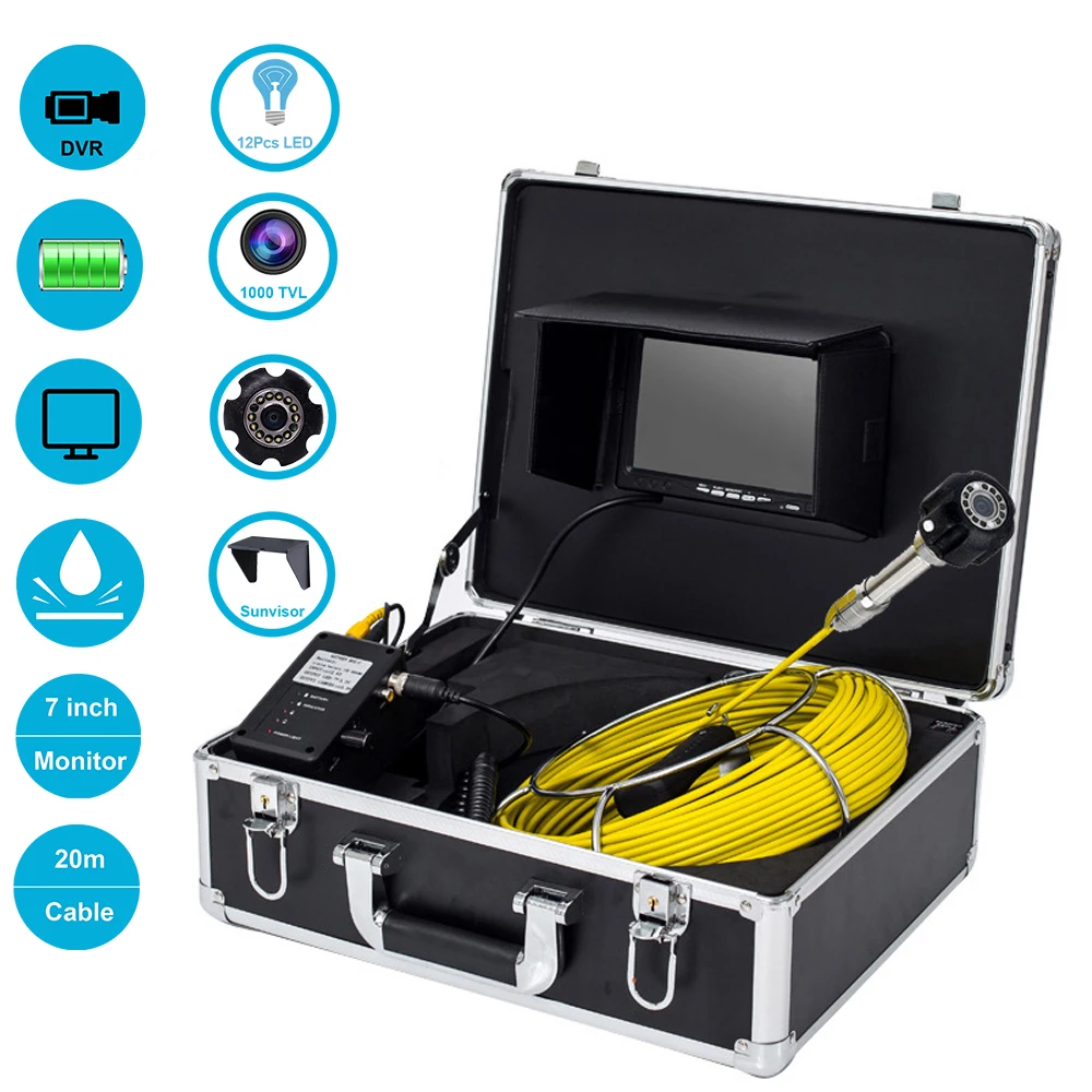 

Эндоскоп с камерой наблюдения, водонепроницаемая камера для канализации, 7 дюймов, 20 м, с поддержкой цифровой записи, 1000 ТВЛ, 23 мм