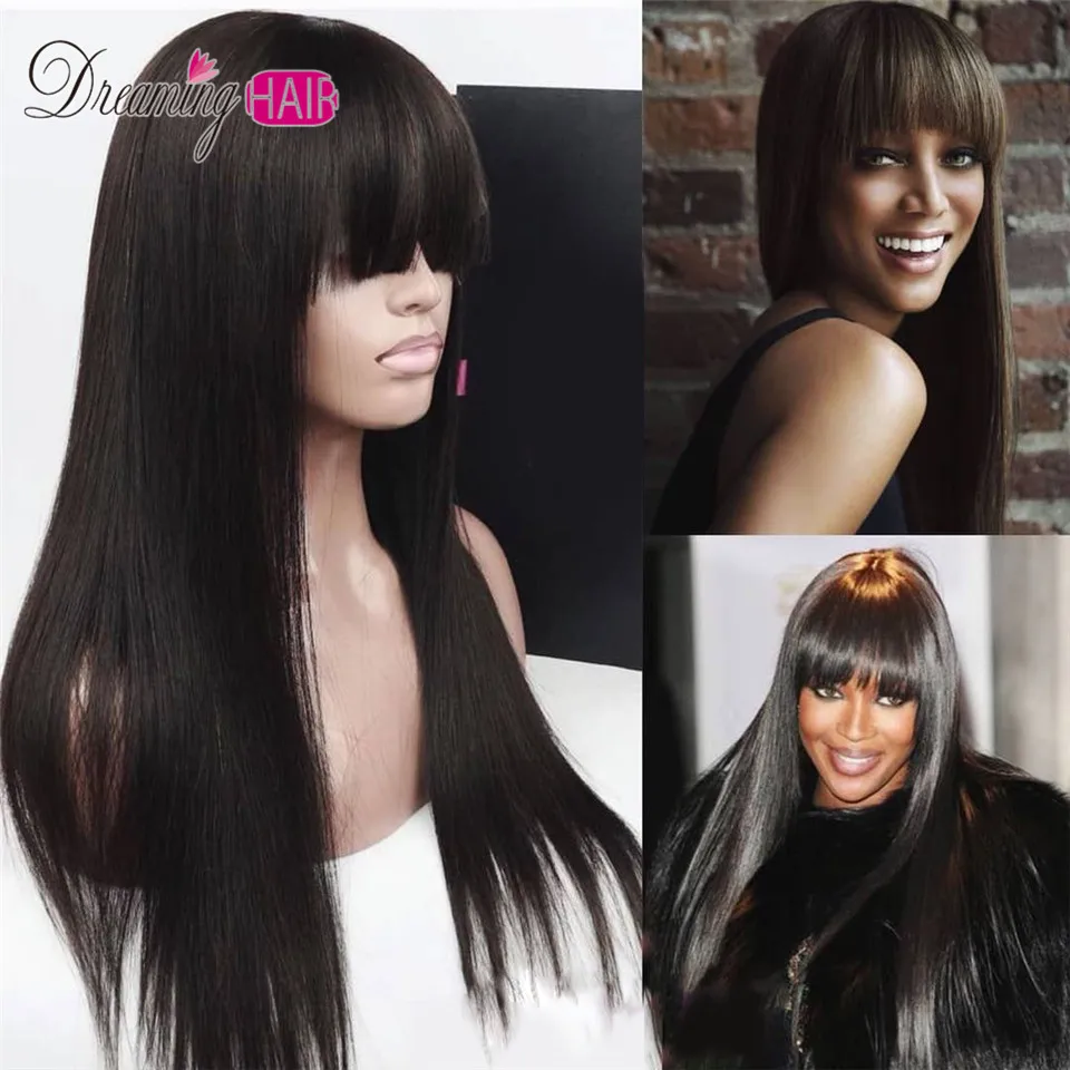

13X6 Deep Part Invisible Preplucked And Bleach Knots Lace Front Human Hair Wigs With Bangs Straight Indian Remy Hair Closure Wig