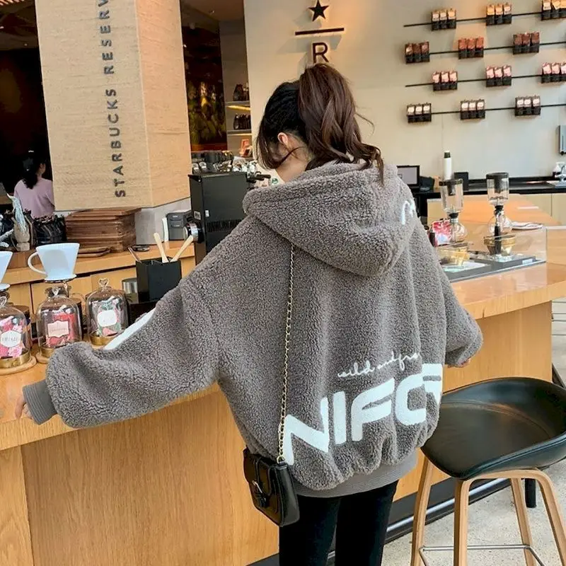 2025 New Winter Lambs Wool Hooded Coat Women Loose Hoodie Granular