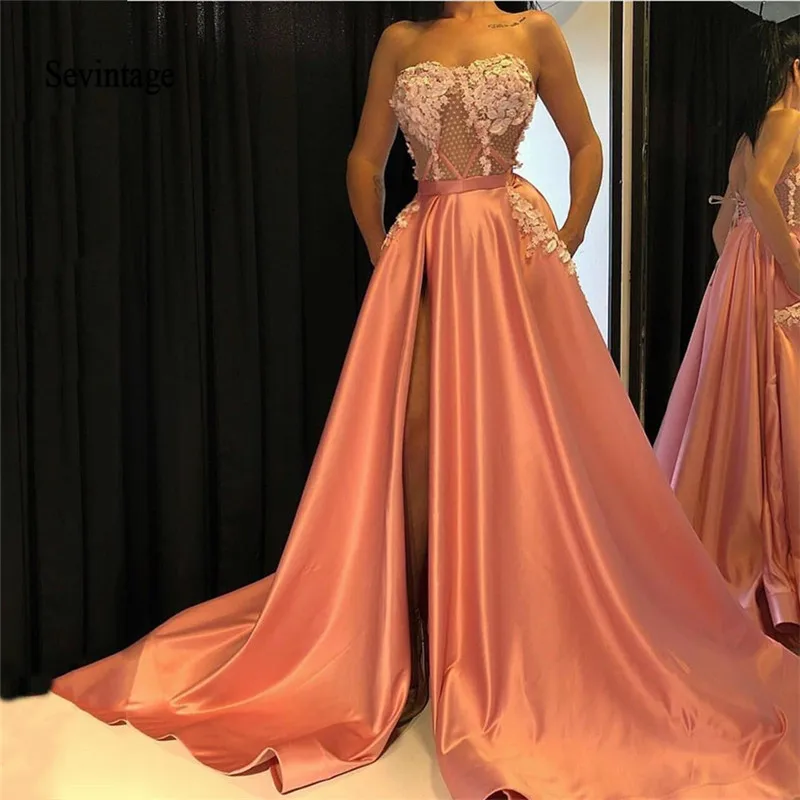 

Sevintage A Line High Split Lace Appliques Evening Dress Sweetheart Satin Red Carpet Dress with Pocket Prom Gowns Abendkleider