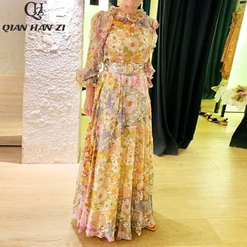 

Qian Han Zi Runway Fashion Summer Set Women's Ruffled Long Sleeve Chiffon Top+Flower Printed Beach Long Skirt 2-Piece Set