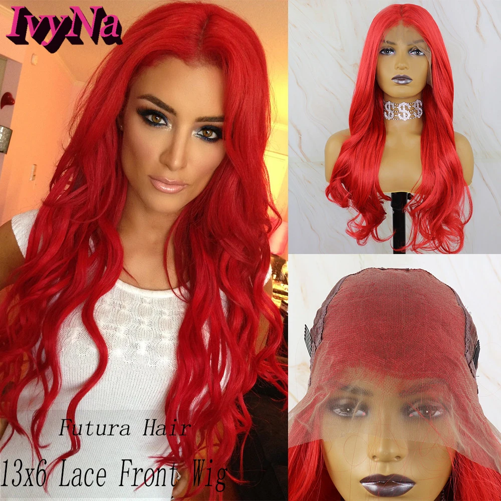 Ivyna 13x6 Synthetic Lace Front Wigs Red Long Wavy Futura Heat Resistant Hair Lace Frontal Wig Long Wavy 150 Density Pre Plucked Synthetic None Lace Wigs Aliexpress