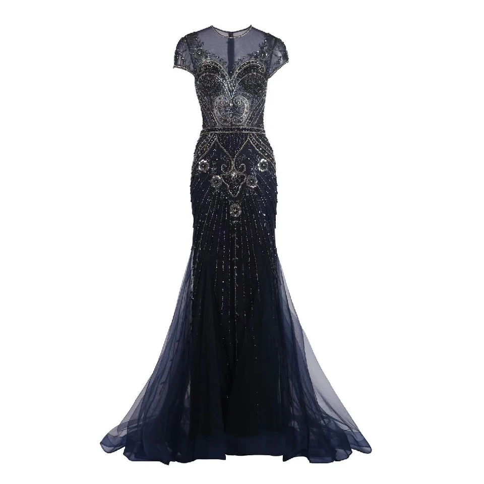 Lakshmigown шикарное женское вечернее платье русалки Robe Rouge Femme хрусталь Бисер Тюль Длинные темно-синие вечерние платья для выпускного вечера