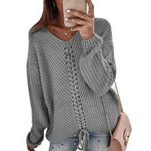 

2021 Autumn and Winter V-neck Soild Sweater Women's New Casual Loose Long Sleeves Stitching Fashion Ladies Lace Knitted Sweater