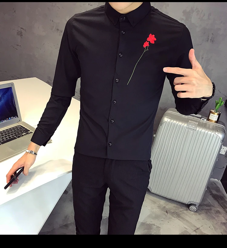 Рубашка с вышитыми цветами, мужская, с длинным рукавом, брендовая, Camisa Masculina, приталенная, уличная, для выпускного, смокинг, для ночного клуба, вечерние рубашки