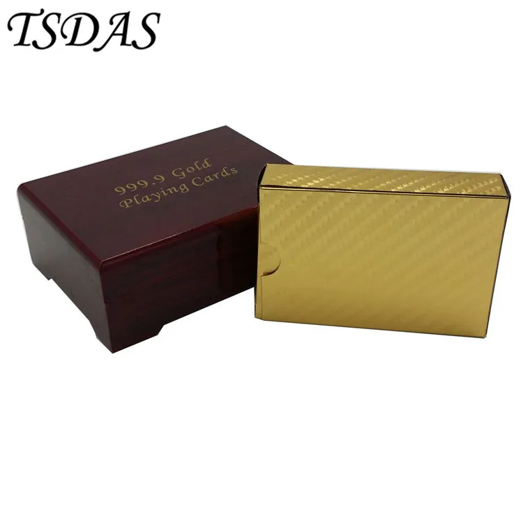 Normal Style Waterproof Plastic Playing Card With Wooden Box Golden Poker Cards 24K Gold Foil Plated as Wedding Gift|cards 24k|card cardcards playing