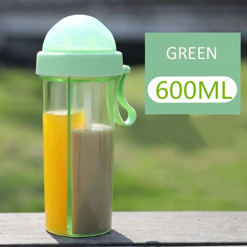 420/600ml Kawaii Double Straw Water Bottles Creative Lovers Drink Cup for Girls Portable Sports Plastic Water Bottle BPA Free - Цвет: GREEN 600ML