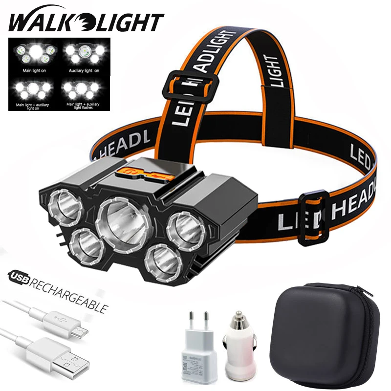 5 LED Headlamp Rechargeable Powerful Head Lamp with Built-in 18650 Battery Outdoor Camping Headlight Flashlight Light | Лампы и
