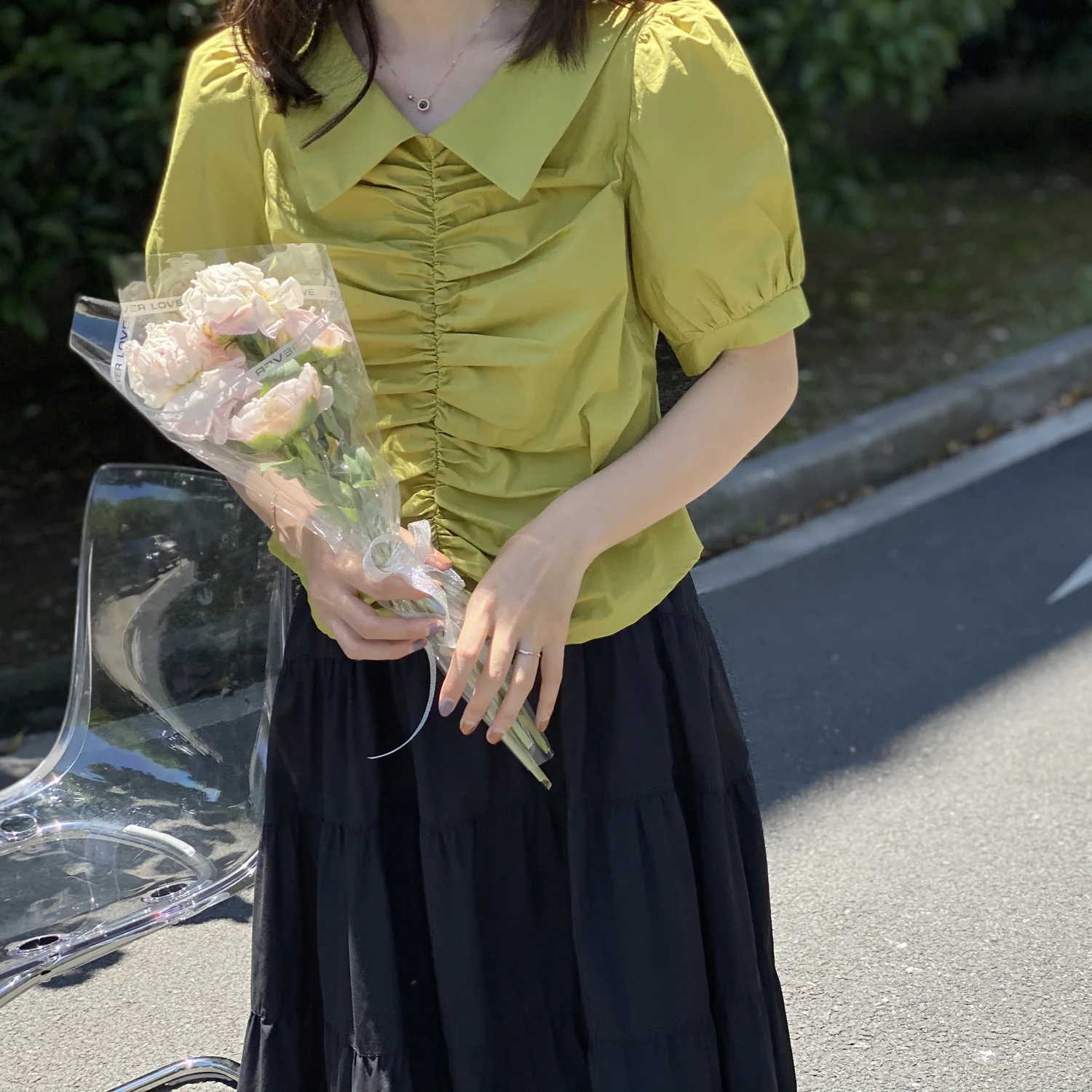 

HXJJP Summer 2020 New Style Design Feeling Bubble Sleeve Fold Lapel Short Style Blouse Woman