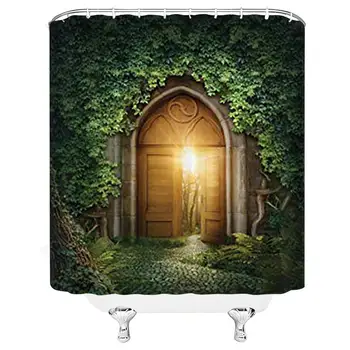 

Green and Brown Shower Curtain Fantasy House Decor, Sun seen Through Mysterious Half Opened Wooden Entrance with Greenery Image,