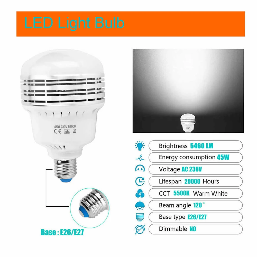 45W 120 V-230 V светильник лампа E26/E27 фото студия светильник s видео светильник ing лампы 5500K энергосберегающий светильник лампы для фотостудии